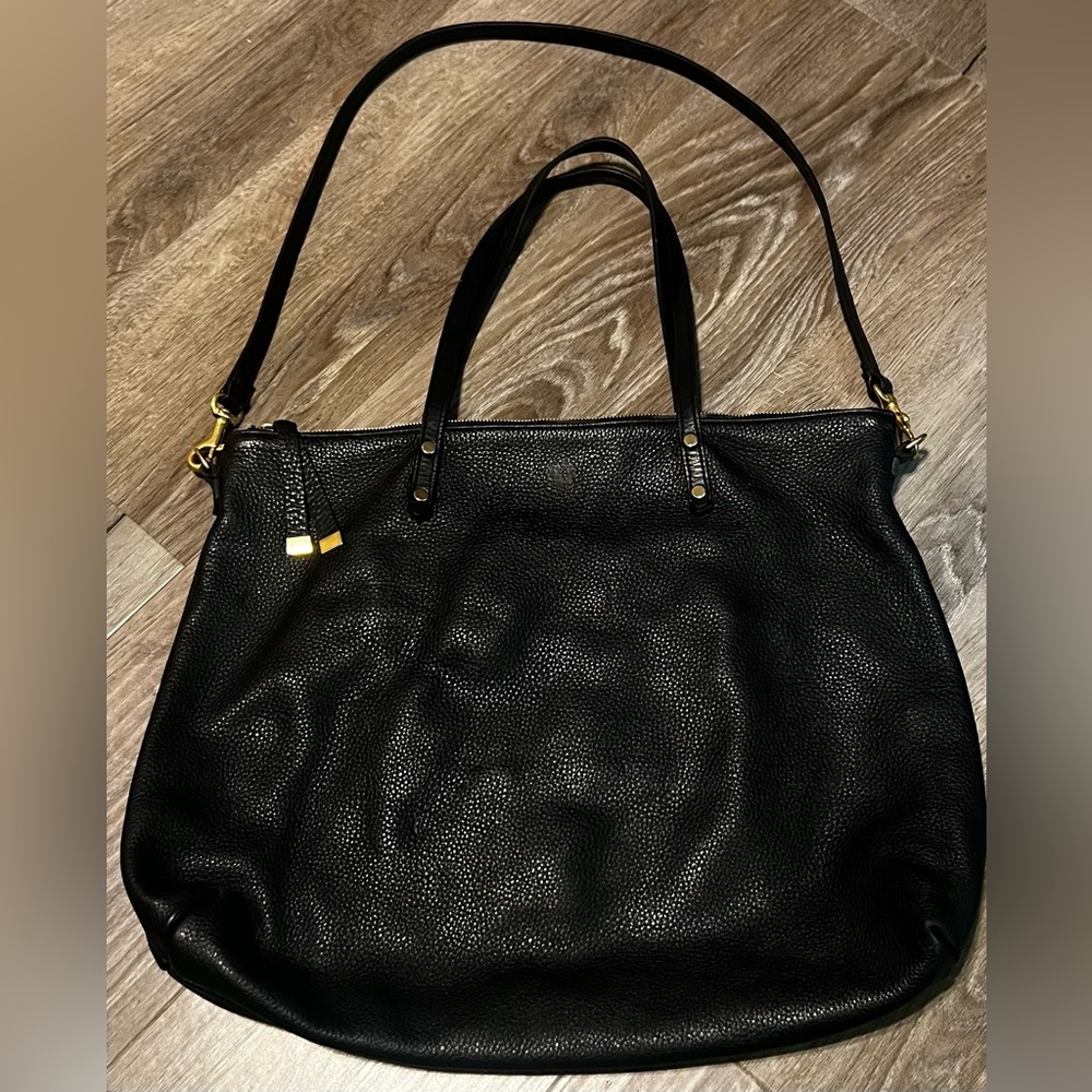 K. Slade Black Leather Carry-all tote. Dual shoulder straps & crossbody strap